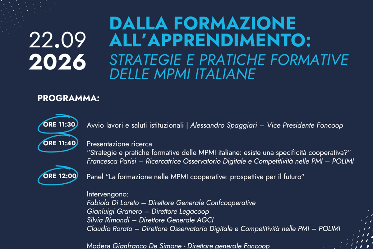 Formazione e futuro delle MPMI cooperative, l'evento promosso da Foncoop